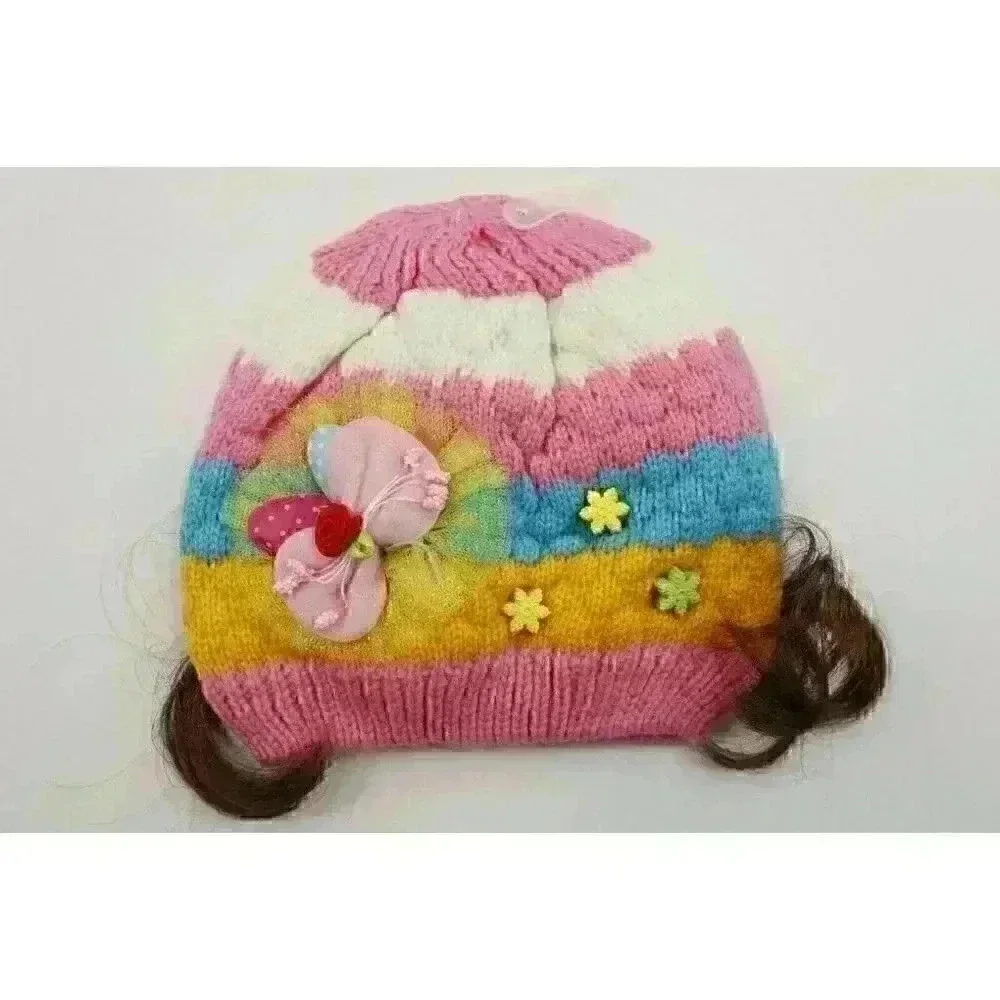 HAND knitted girl hat with knitted applique with beads for 3-6 year old. NEW.